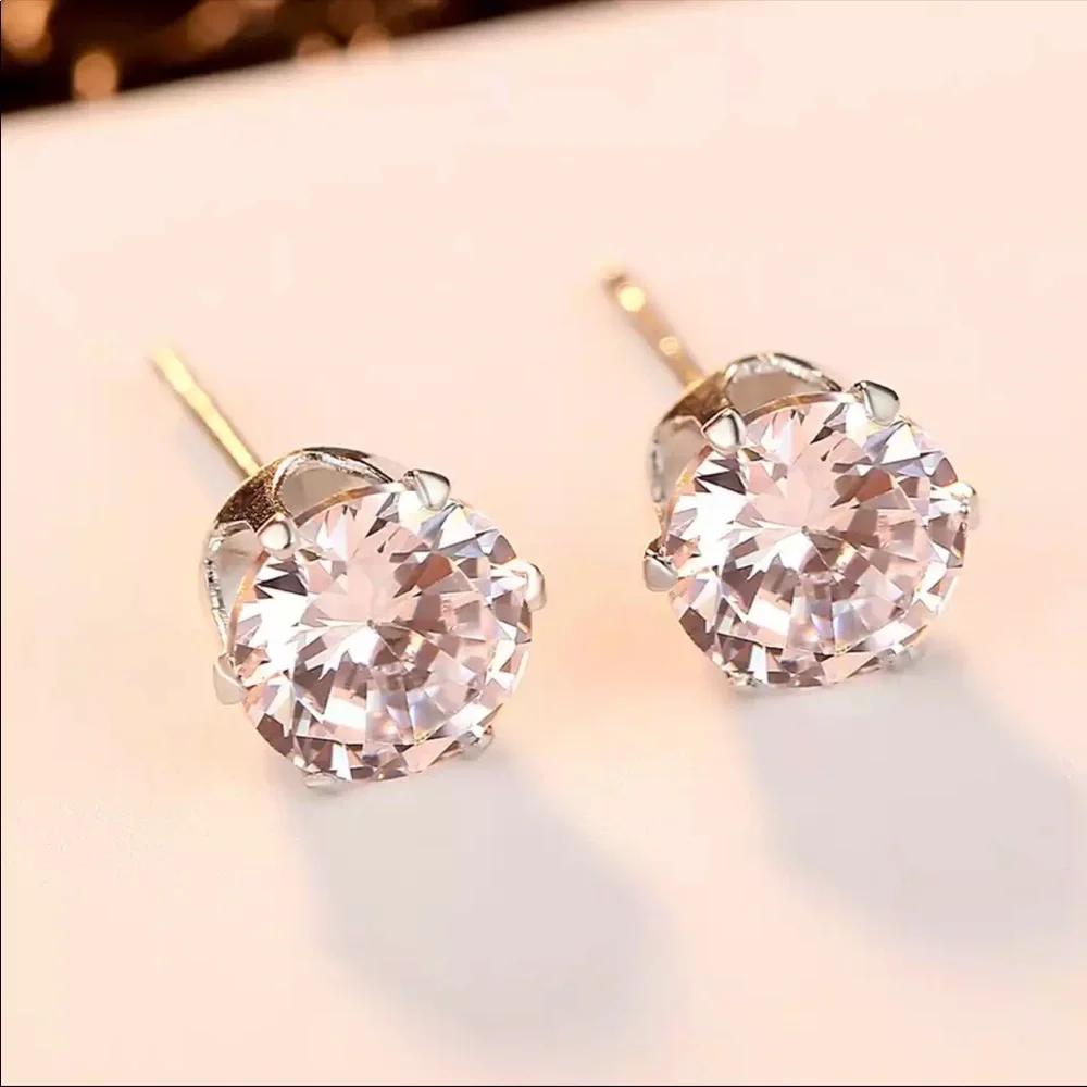 New 925 Silver 7.5MM Round 2 Carat Cubic Zirconia Stud Earrings - Picture 3 of 5